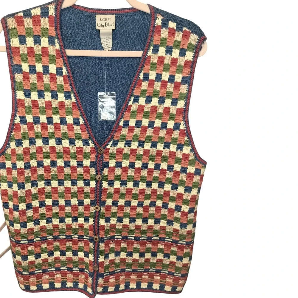 KORET City Blues Women's M Vintage Geometric Checkered Knit Button Up‎ Vest